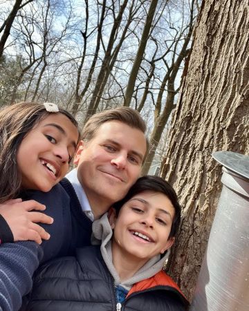 Reena Ninan's husband, Kevin Peraino, with their kids, Jackson Ninan Peraino and Kate Ninan Peraino getting ready for maple-tapping. 